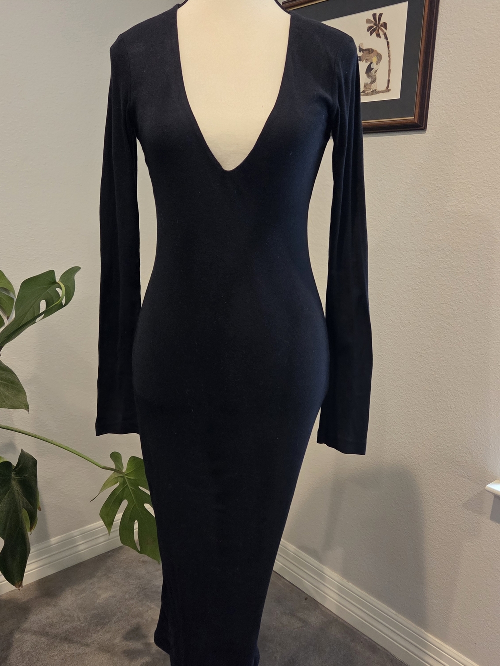James Perse Plunging V-Neck Black Long-Sleeve Bodycon Maxi Dress, Size Small